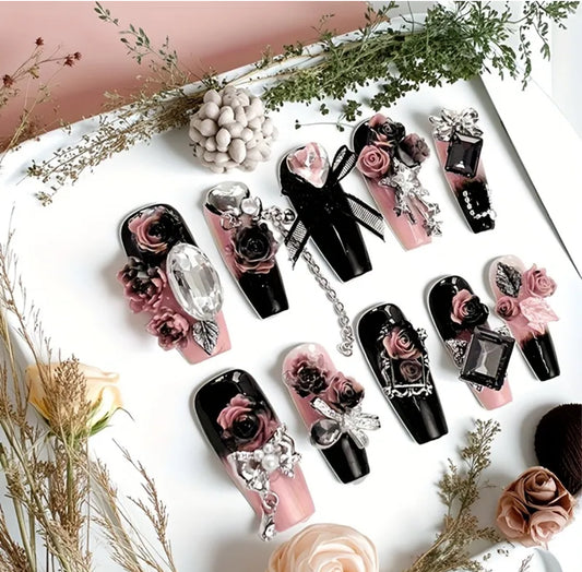 Velvet Vice” Press-On Nail Set – 10pc Black Pink Ballet Edge
