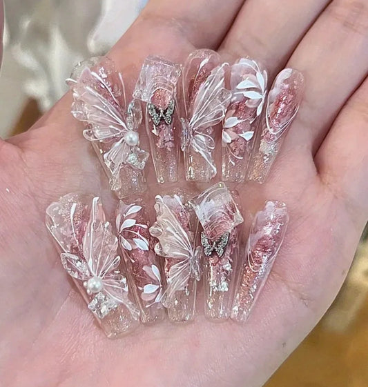 Fluttertron Glow” Press-On Nail Set – 10pc Pink & White Almond Dream