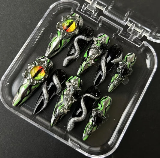 “VenomVision” Press-On Nail Set – 10pc Cyber Ballet Chrome